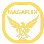 magaflex logo gold, a bold standing eagle beaming light from its chest